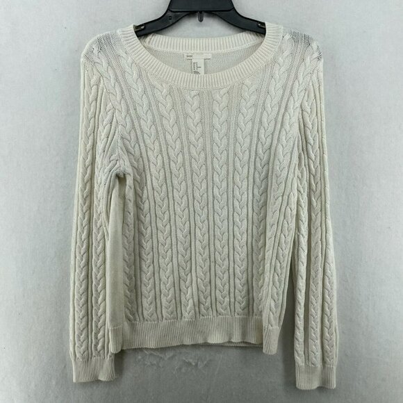 H&M Basic Sweater Women's Sz M Ivory White Crew Neck Cable Knit Pullover Stretch - Picture 1 of 11